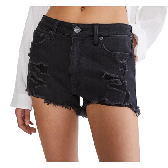 H&M Dark Gray Distressed Cut Off Raw Hem High Waist Denim Jeans Shorts 10 - Picture 1 of 7